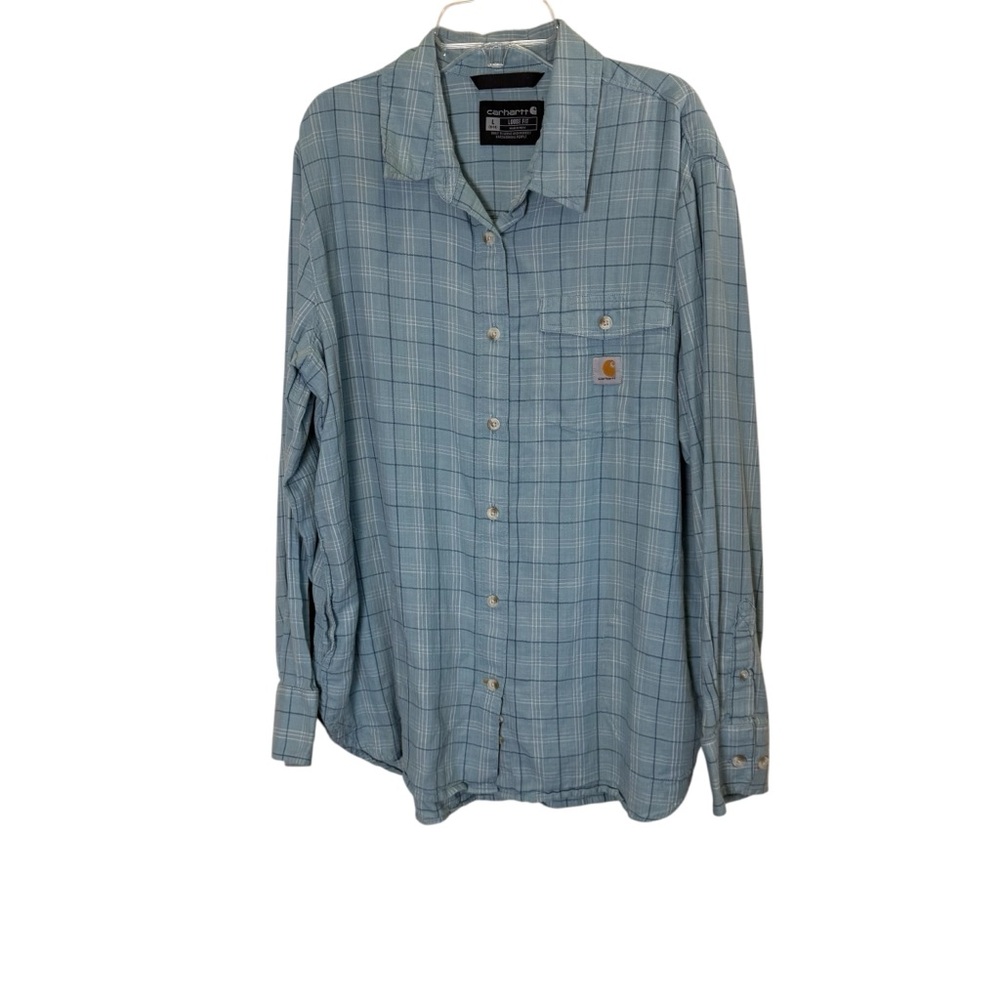 Women’s Carhartt Blue Windowpane Casual Cotton Button Down Shirt w Pockets sz L
